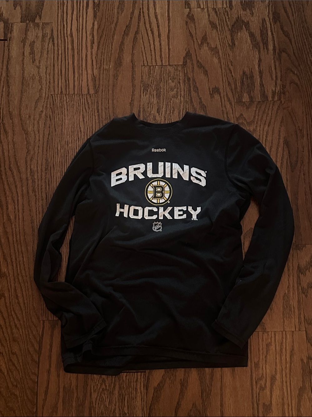 Reebok Black Bruins Hockey Long Sleeve Tee with White & Gold Logo